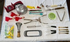 Kitchen Gadgets Lot Vintage 60's red shot glass bottle toppers tin tools etc