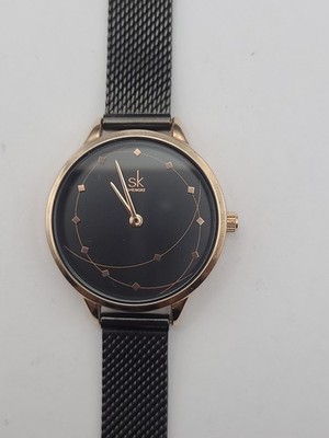 SHENGKE Ladies Minimalist Analog Quartz Watch Mesh Band Black New Battery Works