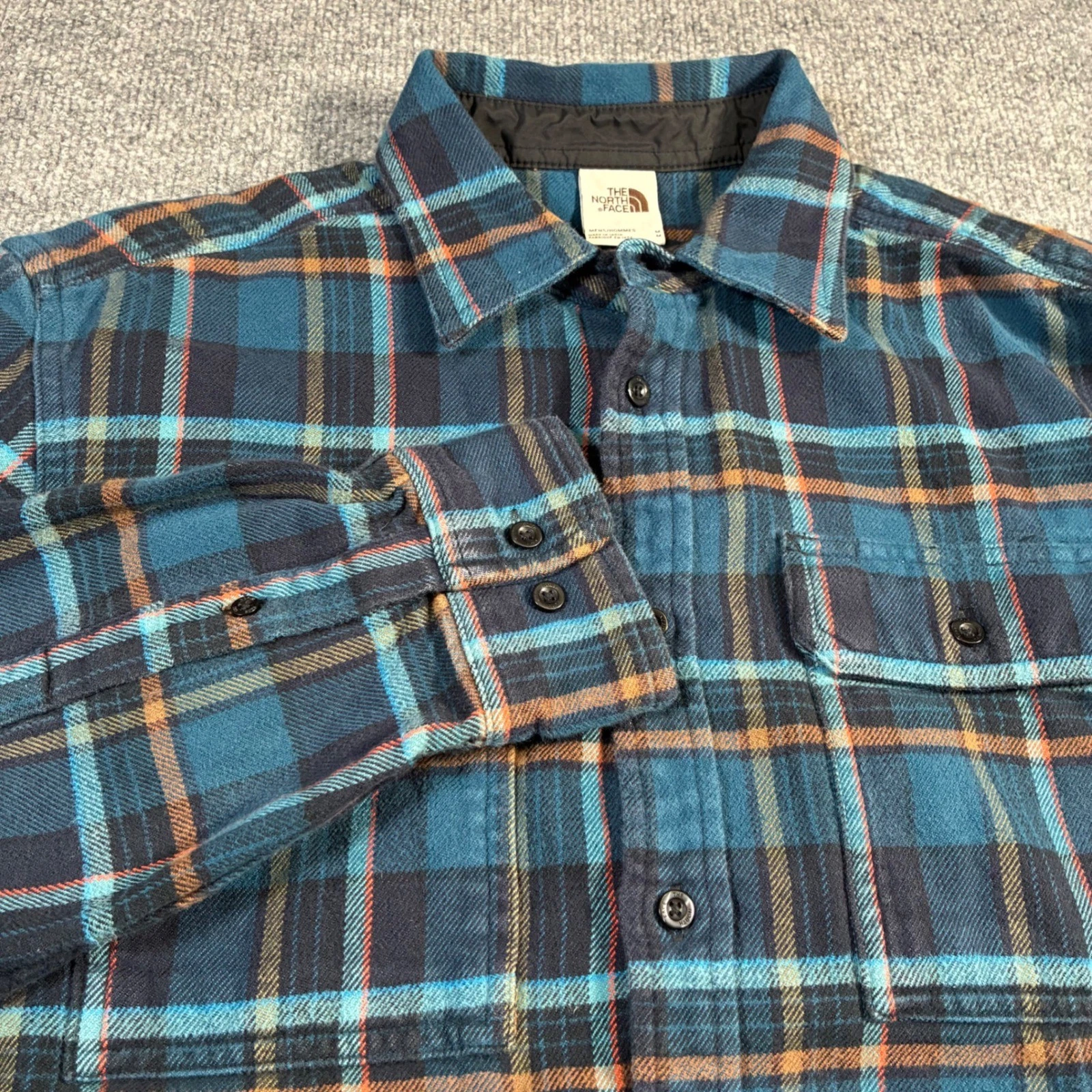The North Face Flannel Shirt Mens M Blue Orange Plaid Lined Collar