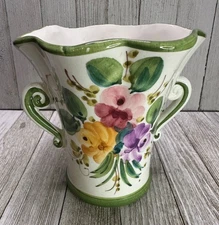 Vtg Painted Floral Vase From Italy FTD Green Trim With Flowers 5.5" Tall Decor
