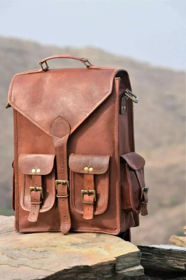 15" Bag Goat Backpack Laptop Brown New Men's Vintage Travel Rucksack Genuine