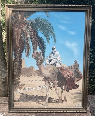 Vintage gerahmtes signiertes Gouache Gemälde auf Karton - Wüstenszene im Nahen Osten
