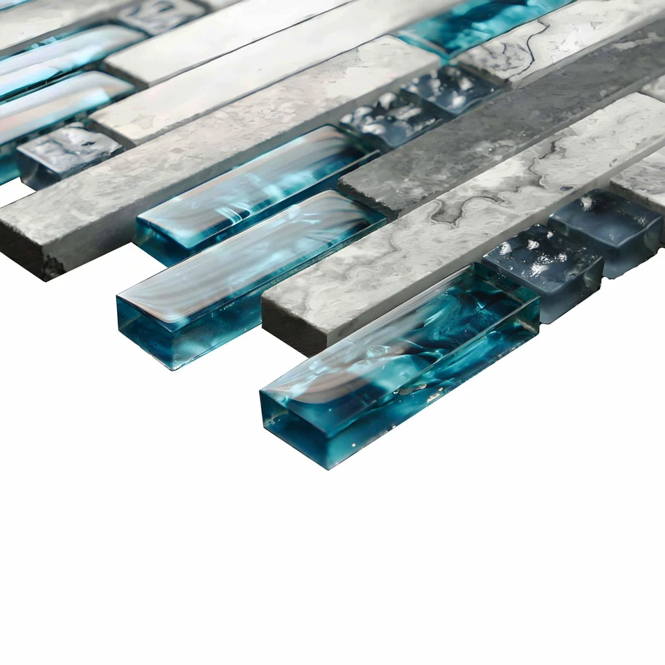 Azulejo de piedra de vidrio mosaico lineal azul verdoso cristal vidrio gris mármol pulido I... Foto 2 de 4
