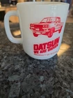 Vintage Datsun Milk Glass Glasbake Red White Advertisment Coffee Mug
