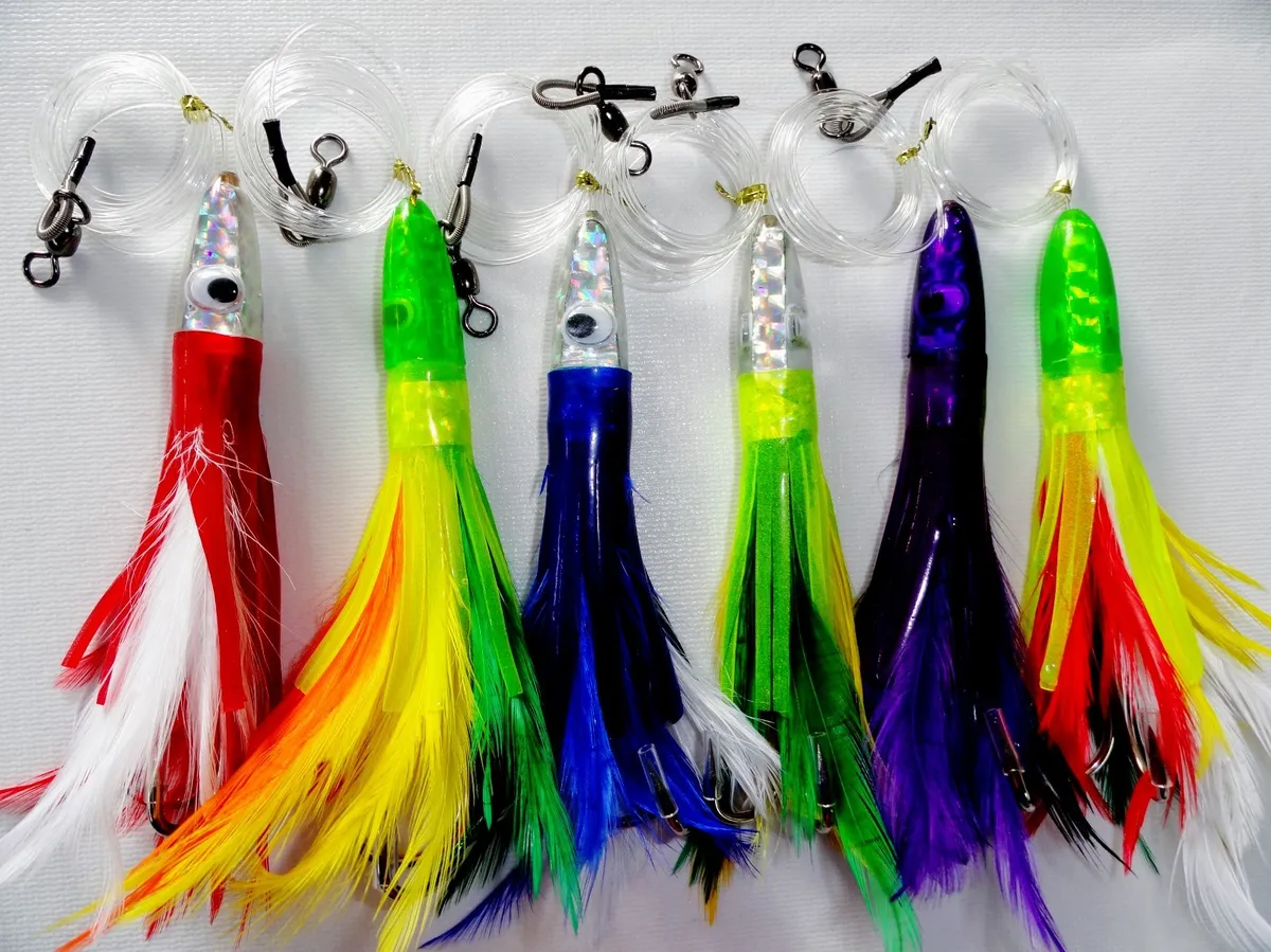 One (1) 6 Rigged Tuna Feathers Trolling Fishing Lures Choose Colors