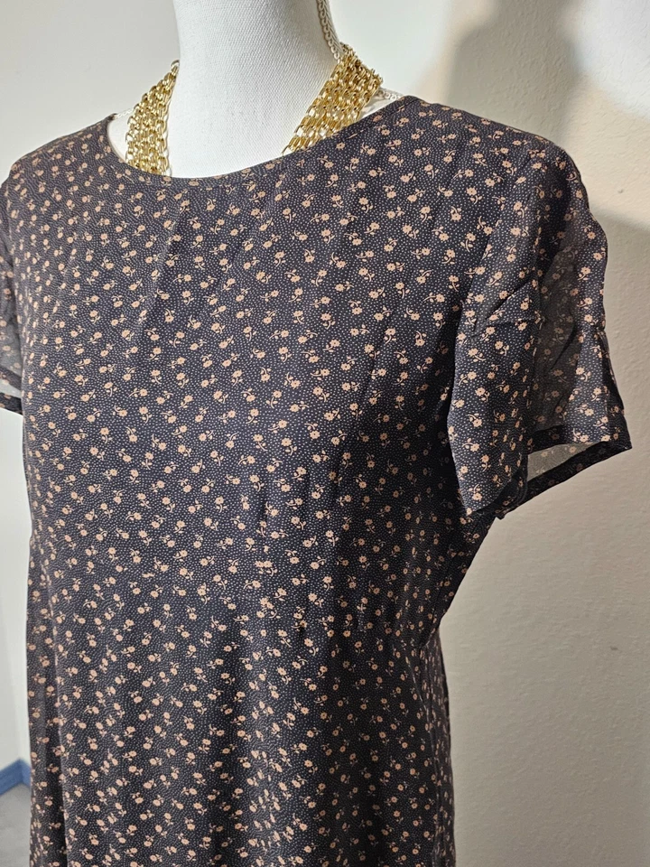 Vintage Laura Ashley Womens Brown Silk Floral Tea Dress Short Sleeves Lined 10 - Image 2 of 4