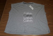 NWT 39 CALVIN KLEIN Performance Logo Grey V-NECK T-SHIRT Size Women's LARGE