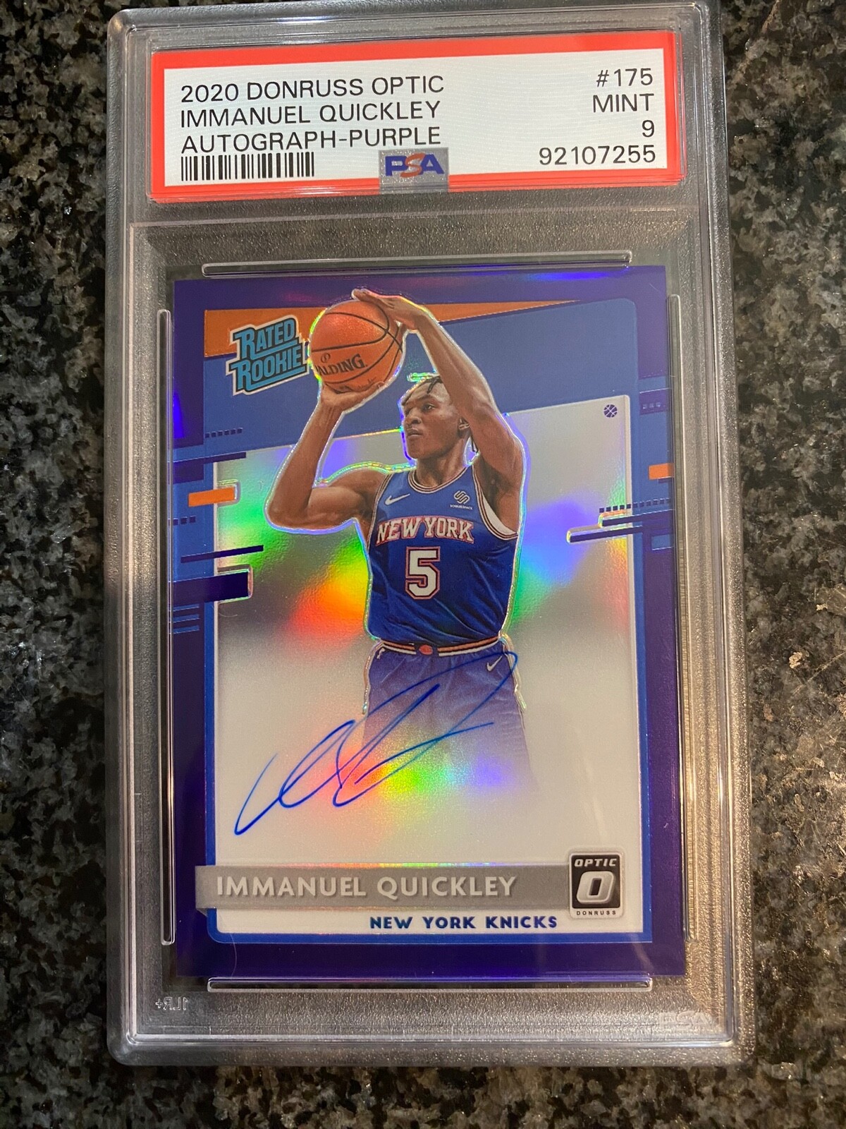 Immanuel Quickley 2020-21 Donruss Optic #175 Purple Prizm Auto PSA 9 Mint RC