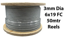Galvanised Steel Wire Rope Cable 3mm Dia 6x19 Fibre Core 50mtr Reel