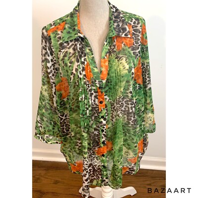 Canda C&A  Sheer Women Blouse Leopard print 3/4 Sleeves US 2XL/EU 50-52