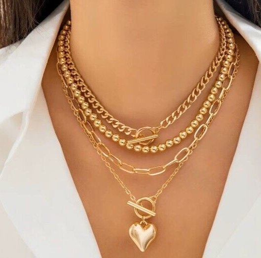 18K Gold plated new Zara Chunky layer necklace heart pendant &T