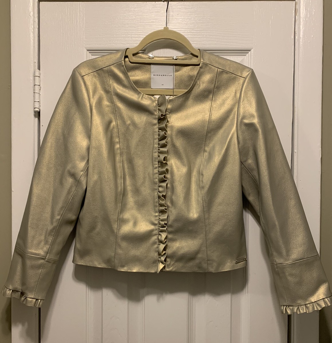 Rino and Pelle Womens Faux Leather Gold Metallic Full Zip Lined Jacket Size  38