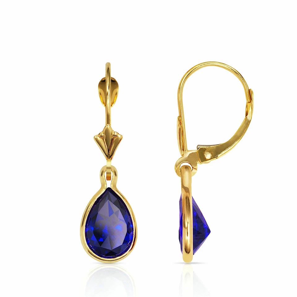 2.5CT Pear-Cut Simulated Blue Sapphire Bezel Lever-back Earrings 14k Yellow Gold - Image 2 of 4