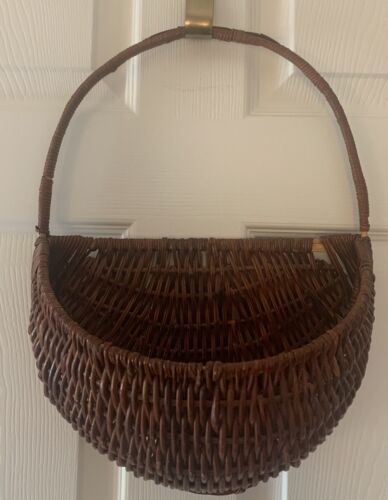 Rattan Hanging Wall Basket Flat Back Half Bowl Extra Large 11x17 Wicker Vtg - Picture 1 of 9