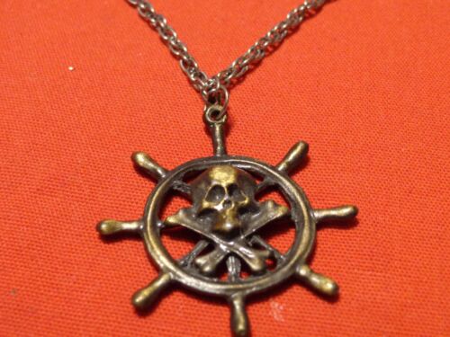 TRUE ANTIQUE PIRATE JOLLY ROGER SHIP WHEEL NECKLACE SILVER TONE METAL 22 in #244 - Picture 1 of 4