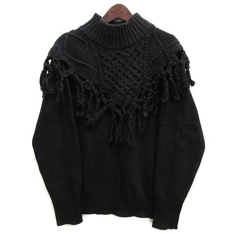 Lois Crayon 2Way High Neck Knit Sweater Long Sleeve Fringe Black M 