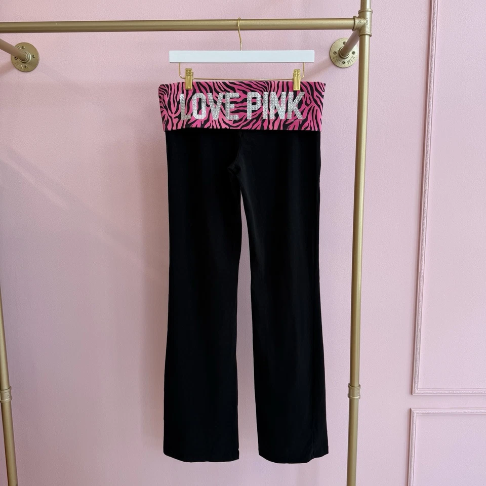Pantalones de yoga plegables Y2K Victoria's Secret ROSA VS DE COLECCIÓN acampanados estrás cebra L Foto 2 de 4