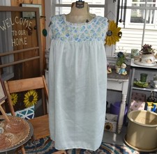 1960s Sleeveless Floral Nightgown: Blue Flowers, White Lace Trim, Green, Medium