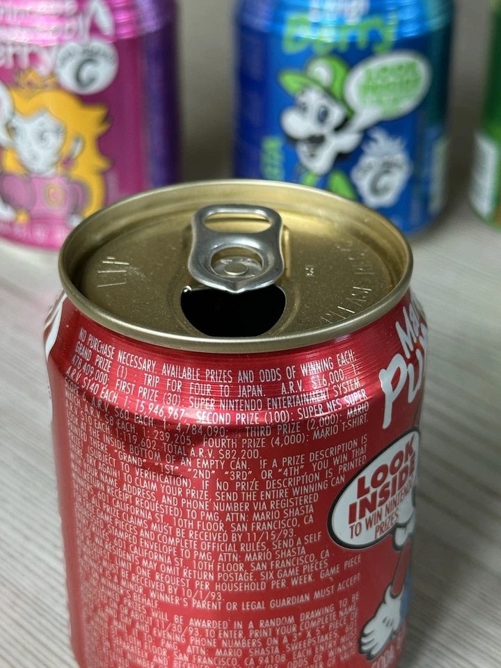 Nintendo Super Mario Bros Shasta 8 oz Soda Can Set 1993 Yoshi Luigi Princess - Image 4 of 4