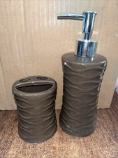 2 pc Bathroom Set Soap/Lotion Pump Toothbrush Holder Brown