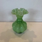 Fenton Beaded Melon Green Art Glass Vase Ruffle Edge 5.5”