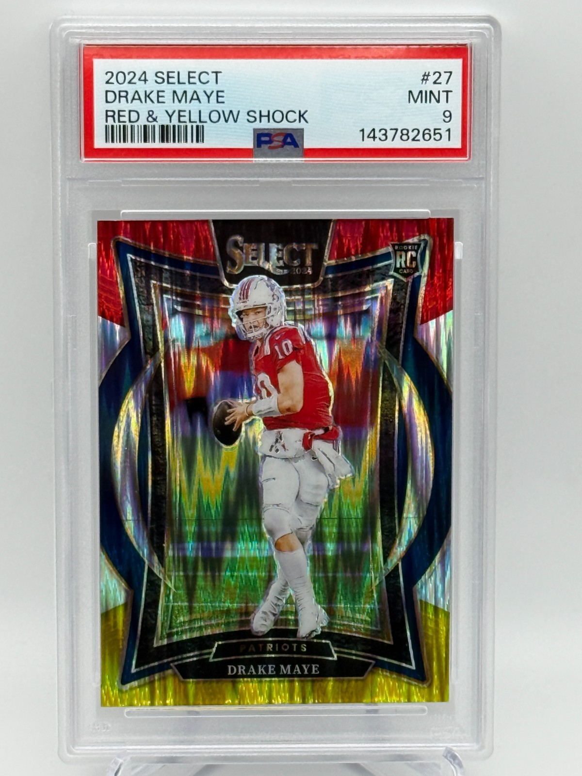 2024 Drake Maye Panini Select #27 Red & Yellow Shock RC PSA 9