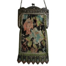 Antique 1920s Enamel Mesh Purse Floral Green Aqua Coral Ornate Filigree Frame