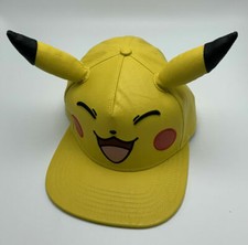 Pokemon Pikachu Face 3D Ears Leather Yellow Adjustable Snapback Hat Cap NEW TAG