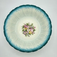 Vtg Homer Laughlin Serving Bowl Rib Floral Blue Rim 9” B49N8