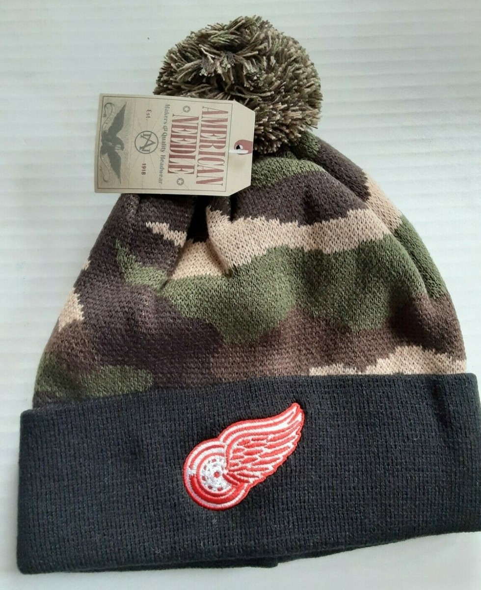 Detroit Red Wings NHL AMERICAN NEEDLE GREEN CAMO CUFF POM BEANIE