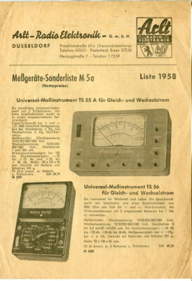 Old brochure, Arlt radio electronics, Düsseldorf, measuring instruments special list 1958