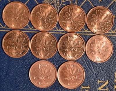 1990-1999 Penny Set - ^^RED^^ A/U to UNC ~~10 coins~~  Excellent starter set