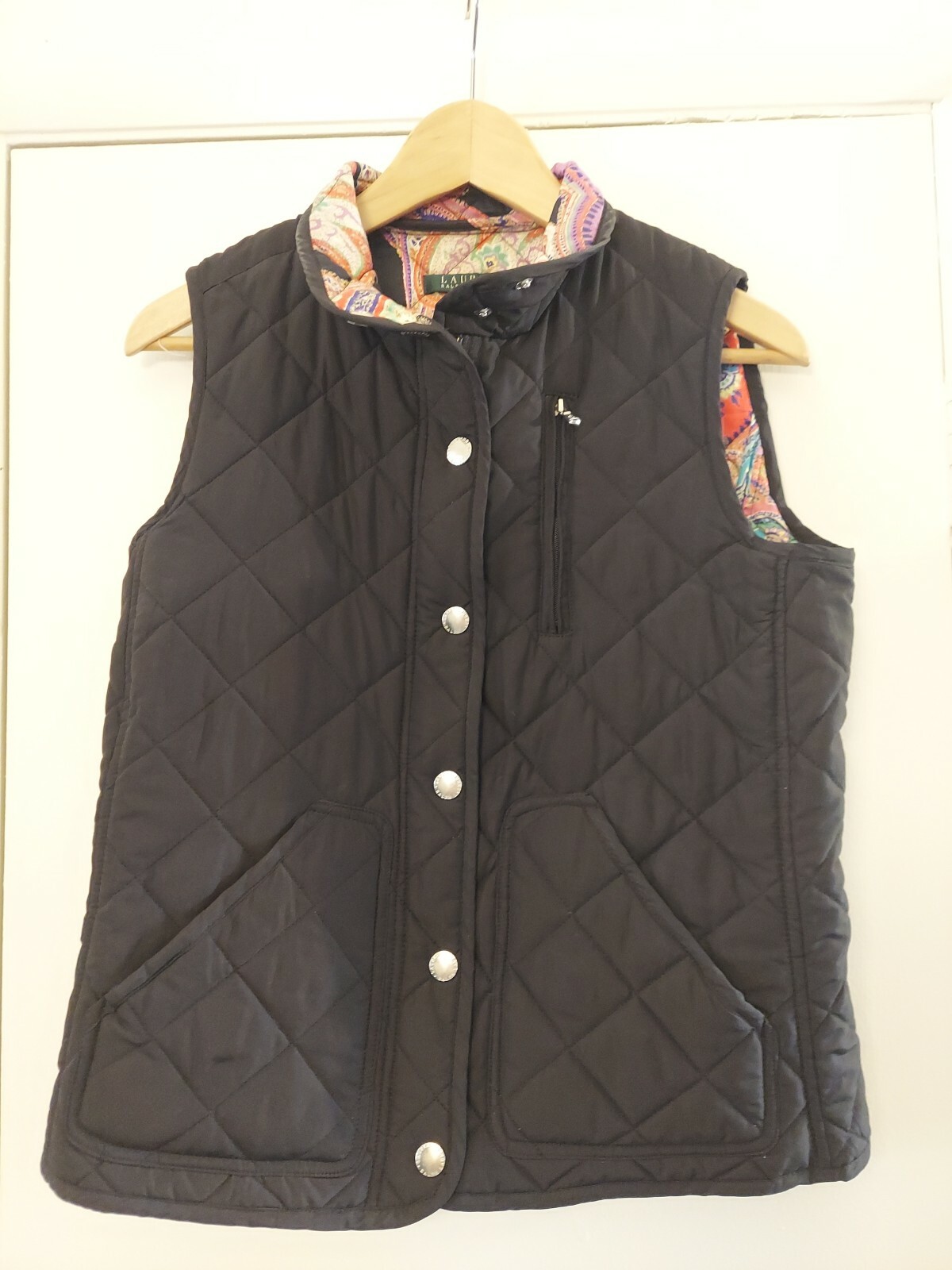 Ralph Lauren Polo Women's black quilted Vest Jacket Sz M paisey lined