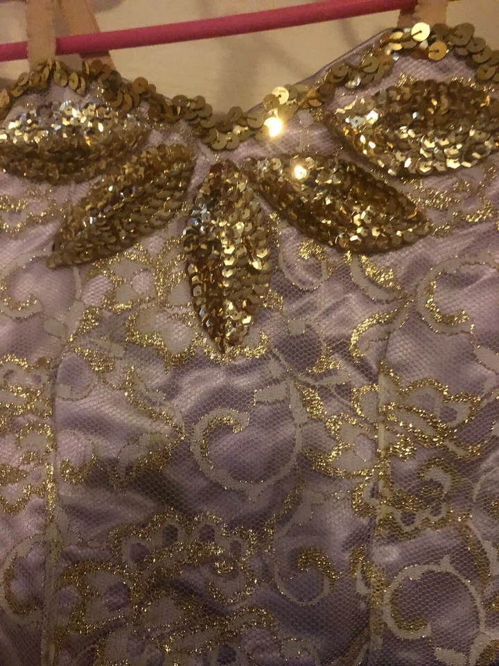 Disfraz de ballet morado, azul y dorado con falda de encaje y tul Foto 4 de 4