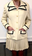 Norma Kamali Vintage Ivory Jacket w/contrast Trim Pleated Skirt Sz 10 Made in US