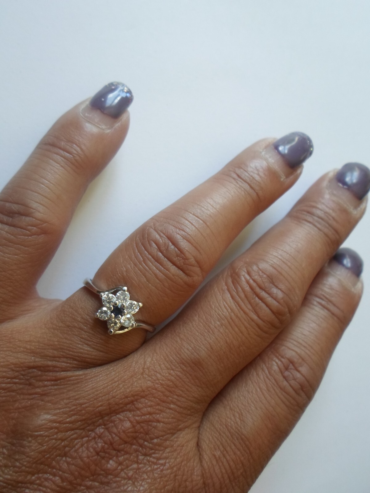 solid silver ring, flower, blue stone and zirconi… - image 2