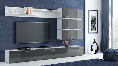 Wohnwand Sigma Anbauwand Mediawand Hochglanz Konzept Beleuchtung Weiss Grau Ebay