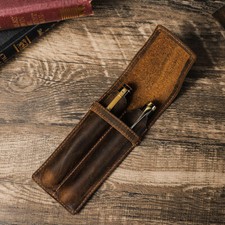 Handmade Real Leather 2 Slots Pen Holder Case Organizer Pouch Pencil Storage bag