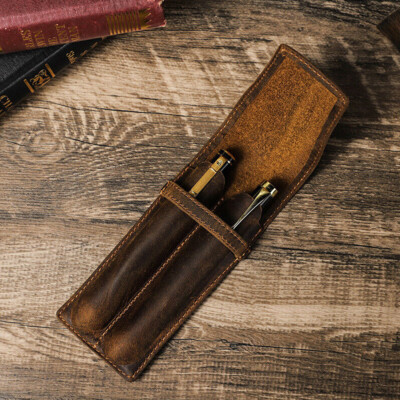 Handmade Real Leather 2 Slots Pen Holder Case Organizer Pouch Pencil Storage bag