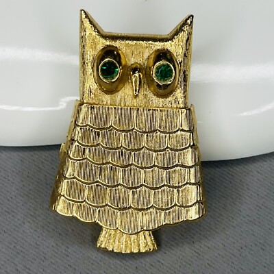 Vintage AVON OWL Solid Dry Perfume Brooch Gold Tone Green