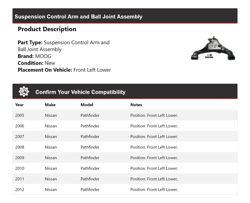 Brazo de control delantero izquierdo inferior MOOG 2005-2012 Nissan Pathfinder 2005 2006 2007 Foto 2 de 4