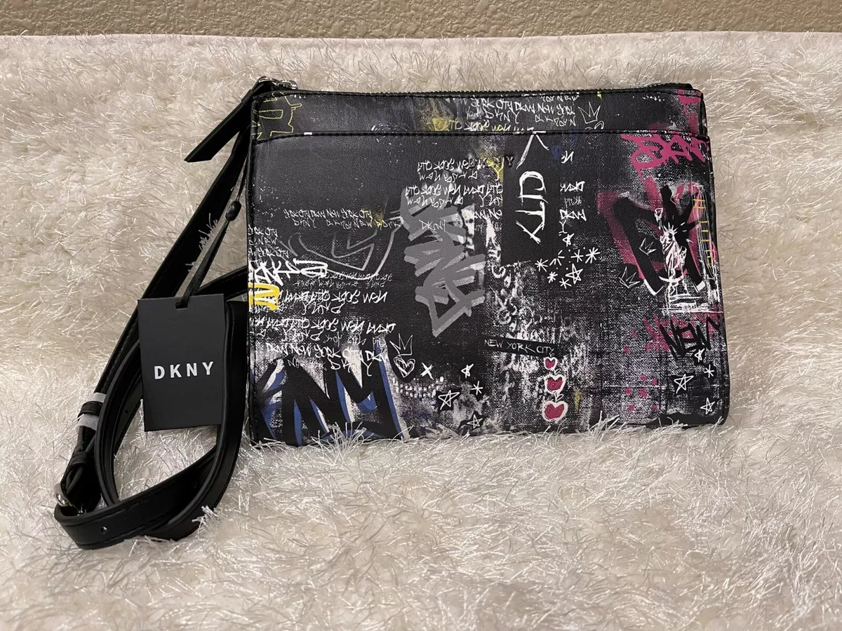 DKNY BRYANT PARK TZ Graffiti Double Zip Crossbody Bag Black MSRP 148 NWT