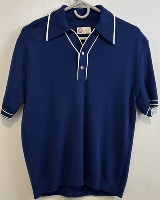 Vintage 70s Sears Kings Road Polo Shirt Navy Blue White Trim Banlon Nylon