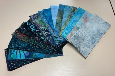 Set of Sixteen Batik Fabric Rotary Cut 2 1/2'' Wide Strips Blues