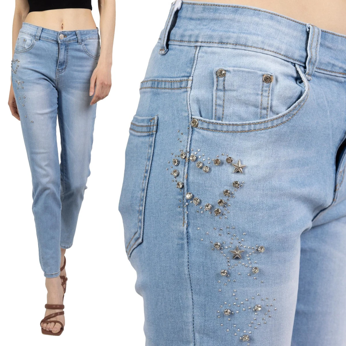 Jeans Donna Vita Alta con Strass Larghi Pantaloni Denim Curvy Pantaloni Glitter Elasticizzati Baggy Pantalone Brillantini Casual Jeans Lucidi Dritti a Gamba Larga 2025 Primavera Moda