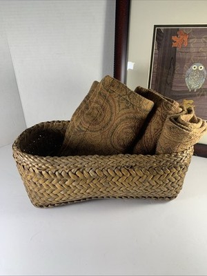 Old Vtg Splint Bamboo Bread Storage Basket Chevron + Border Patina Sturdy 12 
