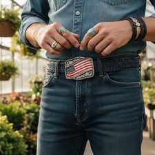 Men Women Silver Metal Buckle Casual Fashion USA Flag United States Of America
