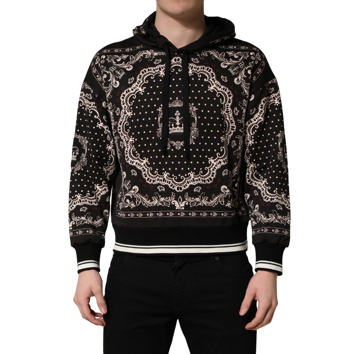 DOLCE & GABBANA Sweater Black Bandana Print Cotton Men Hoodie IT46