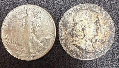 LOT 2- 90% SILVER US Half Dollars- 1942 Walking Liberty -1954 Ben Franklin FS NR
