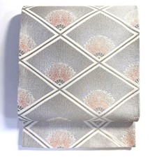 6k423 Obi Silk Silver White Pink Japanese Kimono Sash Authentic Vintage
